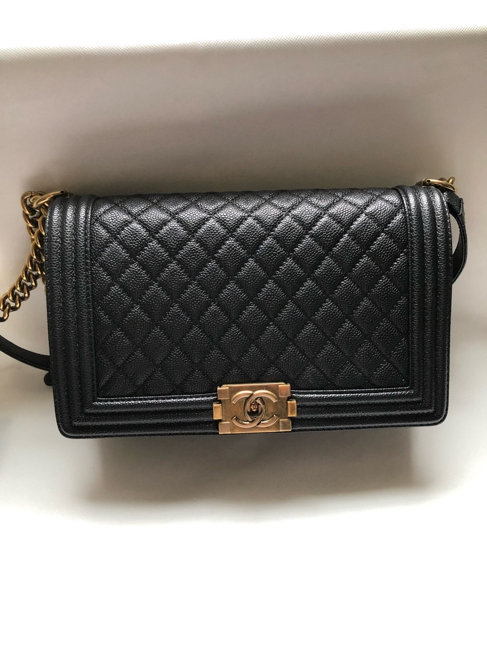 CHANEL Boy New Medium Black Caviar Aged Gold Hardware Full Set